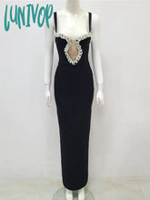 Lunivop Sexy Sleeveless Rhinestone Diamonds Black Women Maxi Long Bodycon Bandage Dress 2024